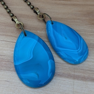 Pair of Bright Blue Fan Pulls, Decorative Fan Pull Chain, Banded Agate Ceiling Fan Pulls, Chain Pulls image 1