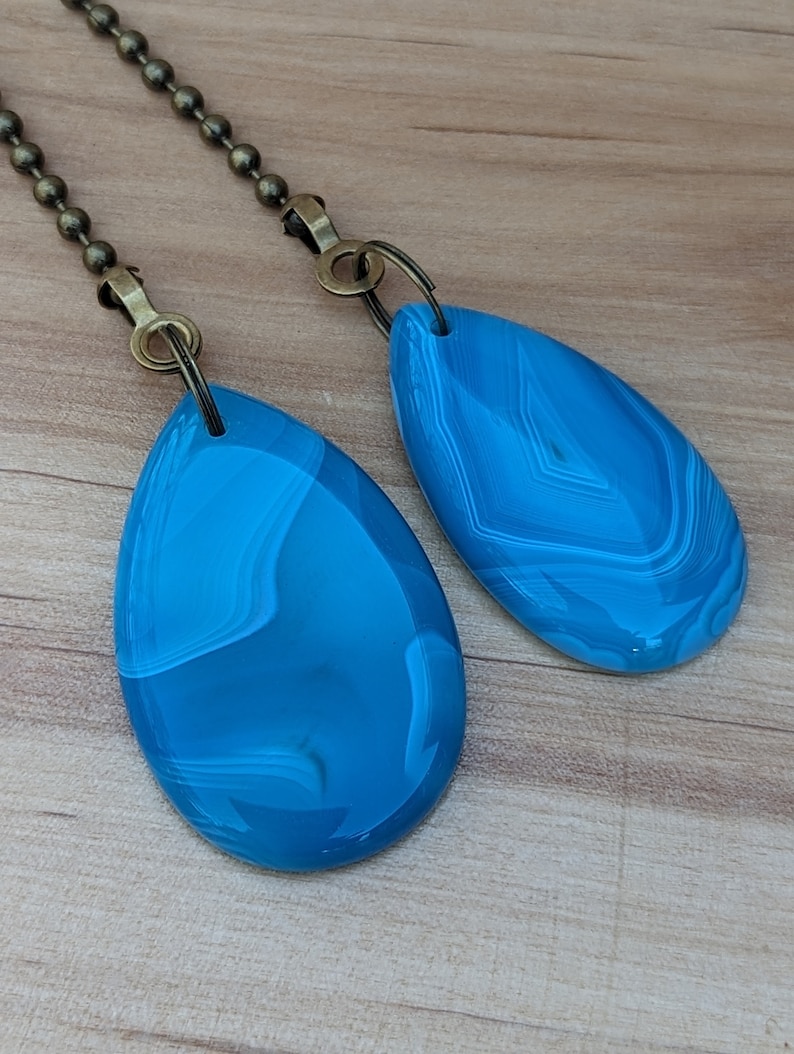 Pair of Bright Blue Fan Pulls, Decorative Fan Pull Chain, Banded Agate Ceiling Fan Pulls, Chain Pulls image 1