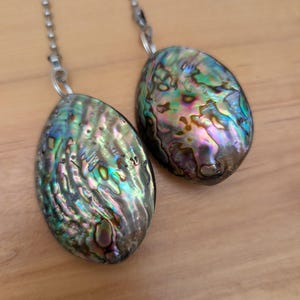 Two iridescent abalone shell cord pull hanging from silver ball chain. The shells are oval shaped and have a green, blue, and purple color.