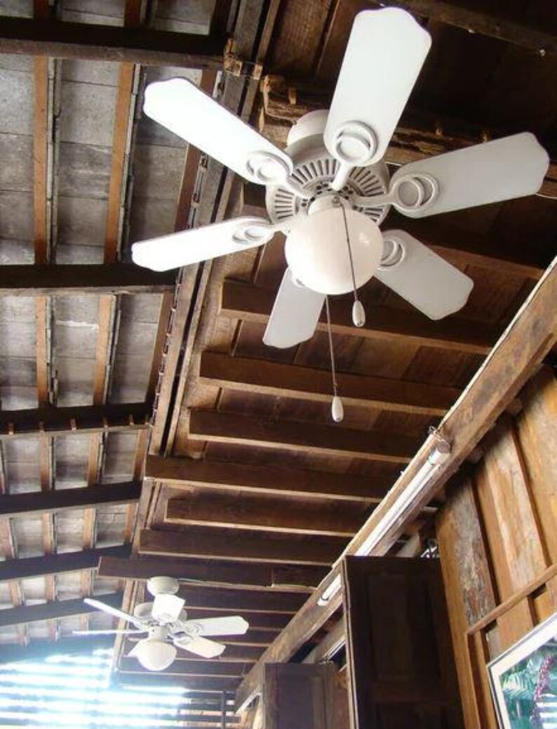 May include: Two white ceiling fans with five blades each and a central globe light fixture. Each fan features a pull chain for operation, mounted against a dark brown wooden beamed ceiling structure with visible rafters and wooden planks.