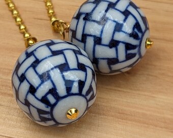 Basket Weave Blue + White Pottery Chain Pulls, Ceiling Fan Pull Chains, Gold Tone Chain Pulls, Woven Décor