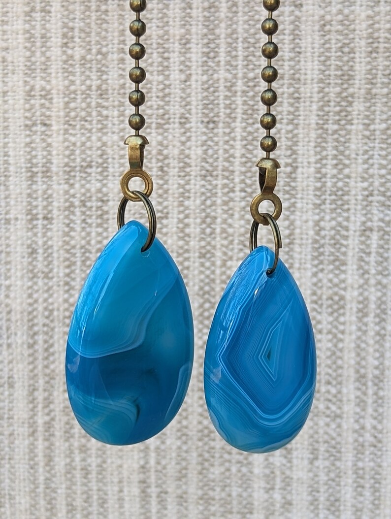 Pair of Bright Blue Fan Pulls, Decorative Fan Pull Chain, Banded Agate Ceiling Fan Pulls, Chain Pulls image 10