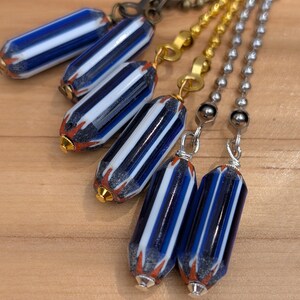 Blue, White & Red Striped Glass Chain Pull: Light or Fan Pull Cord, 5" Length