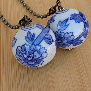 Blue + White Pottery Ceiling Fan Pulls, Handpainted Floral Design, Antique Brass Pull Chains