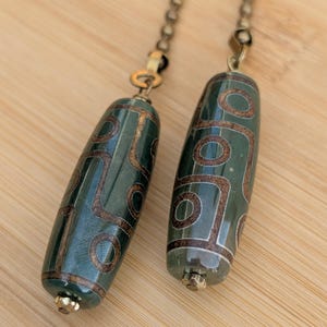 Green & Brown Dzi Agate Chain Pulls: Stone Fan/Light, Tribal Accent, Unique Brass Hardware