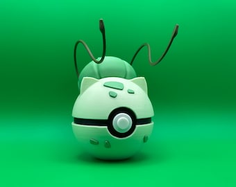 May include: A green and white 3D printed Pokemon figure of a  Venusaur, a grass-type Pokemon. The figure has a Pokeball design and two long, brown, flexible antennae.