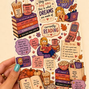 May include: A sticker sheet featuring illustrations of Lizzie McGuire themed items including books, coffee cups, a flip phone, a tote bag, pumpkins, and text quotes like "Hey now, hey now, this is what DREAMS are made of" and "currently: READING".