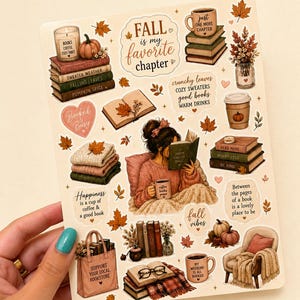 May include: A sticker sheet featuring autumn-themed illustrations including stacks of books, coffee mugs, pumpkins, a person reading, cosy sweaters, and text such as Fall is my favourite chapter, Booked & Busy, and Support Your Local Bookstore.
