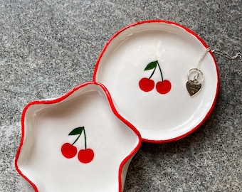 handmade cherry trinket dish, cue jewellery dish, girly room decor, handmade ceramic, retro cherry decor, birthday gift for her,fruity decor