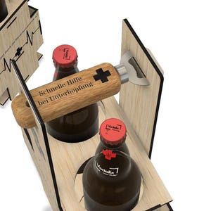 A wooden bottle opener with a bottle opener attached to it, designed to open beer bottles.