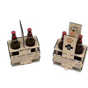 a set of wooden crates containing bottles of beer.