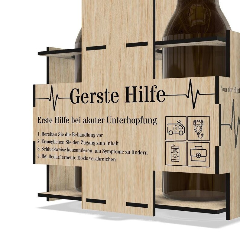 The image is a wooden box with a label that reads "Gersste Hilfe" and "Erste Hilfe bei aktue Unterhöhling". The box also has a series of icons and text that provide information about the product, including "1. Breitender Sie die Behandung vor", "2. Ertiellsien Sie bei die Zum Inhalt", "3. Schluckweise konsumützen, kum Symptomen zu Lindern", and "4. Beidarf erneut die Dosis verabereicheren".