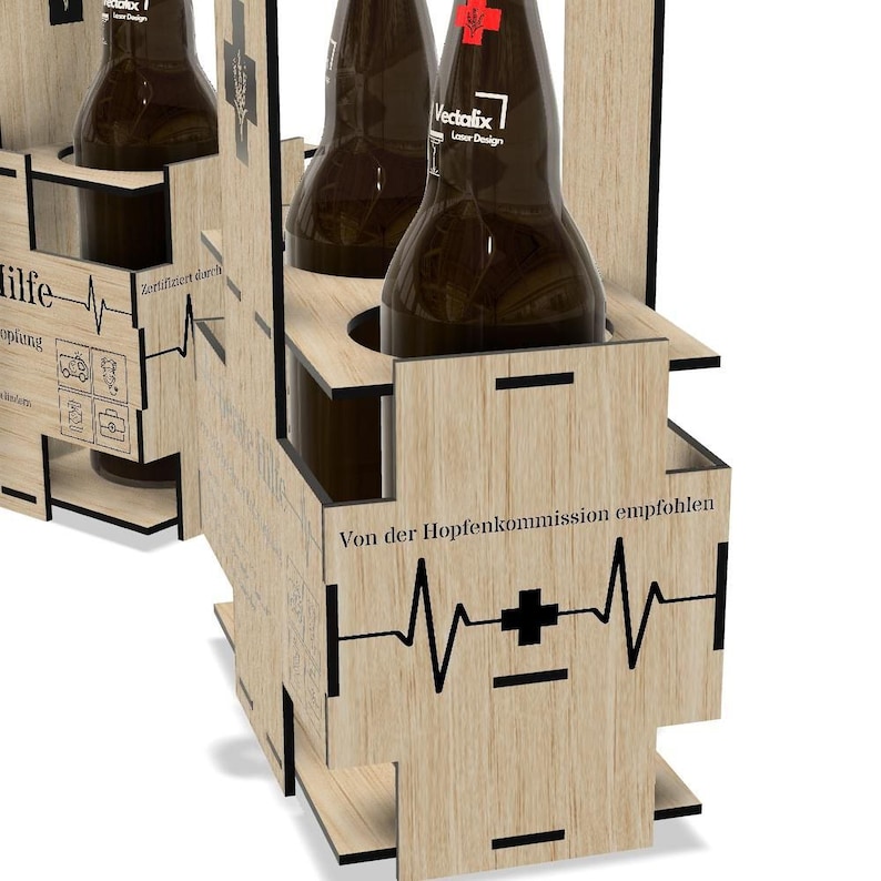 a wooden crate or holder with several bottles inside. The crate has a design that includes a heart symbol and text, suggesting a medical or healthcare theme.