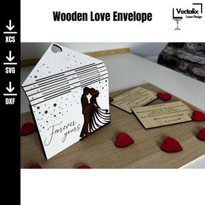 Busta d'amore in legno - File digitale tagliato al laser | SVG-DXF-XCS per macchine taglio laser | Busta in legno fai da te con incisione