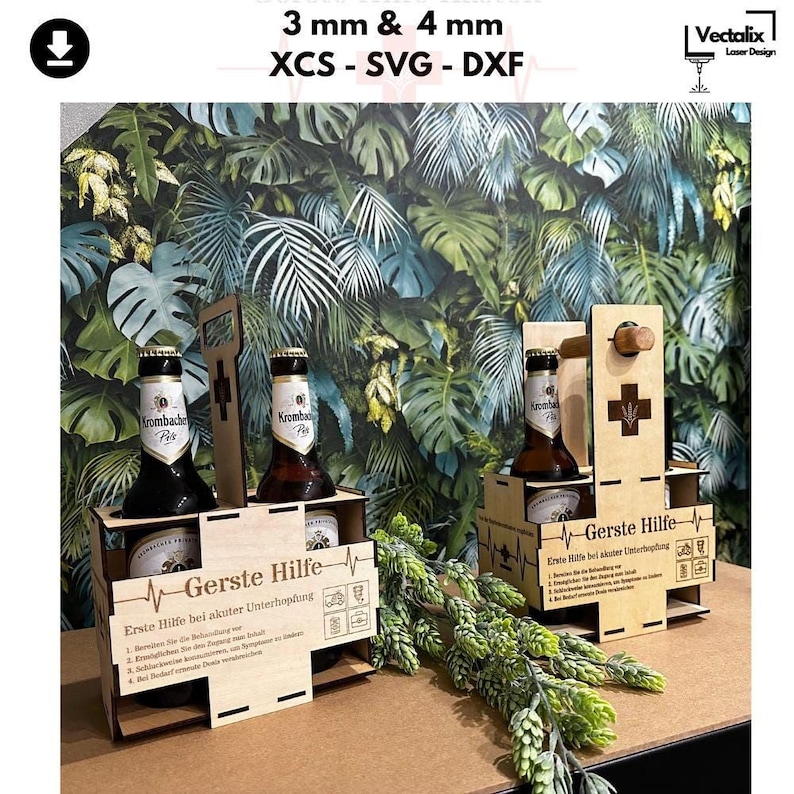 two wooden crates holding bottles of beer, set against a backdrop of a tropical wallpaper with palm leaves.