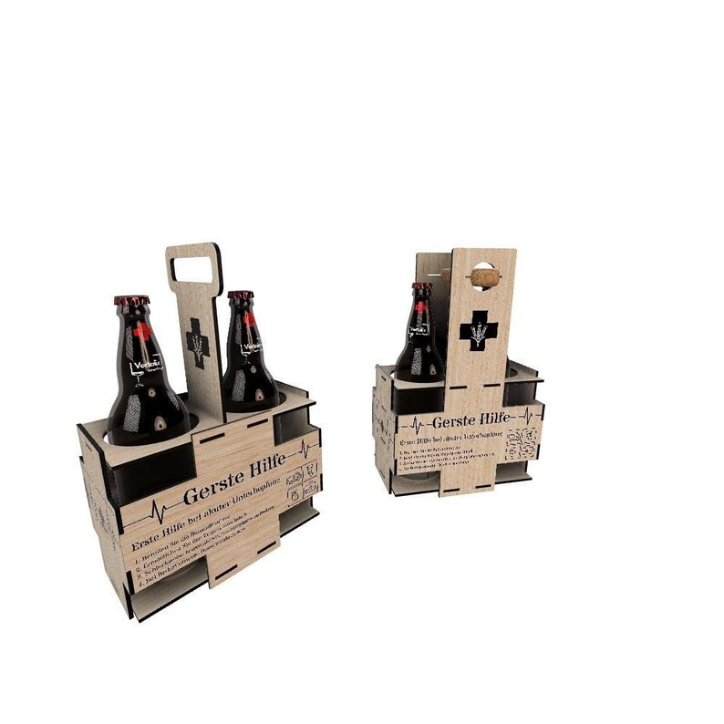 two wooden crates, each containing three bottles of beer. The crates have a unique design with a cross symbol on the front, giving them a distinctive appearance.