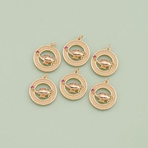 May include: Six gold-toned metal charms in the shape of a circle with a genie lamp design. Each charm has a pink gemstone in the center of the lamp.