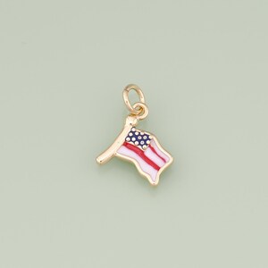 May include: A gold-colored charm in the shape of the American flag. The flag features red and white stripes, a blue field with white stars, and a gold-colored pole and loop for attachment. The charm is a patriotic accessory.