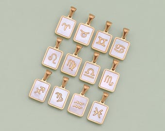 18K Gold Filled Rectangle White Shell Zodiac Pendant Zodiac Symbols Constellation Charm for DIY Jewelry Finding Necklace Bracelet LW11
