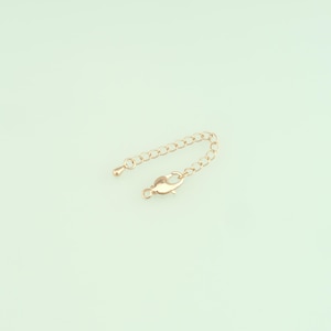 May include: A gold-colored necklace extender chain with a lobster clasp and a small, teardrop-shaped end. The chain is composed of small, oval links. The background is a light green color.