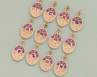 18K Gold Filled Oval Zodiac Pendant Zodiac Symbols Constellation Charm for DIY Jewelry Finding Necklace Bracelet LW7
