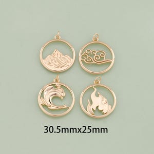 May include: Four gold-colored metal charms with different designs: a mountain, a cloud, a wave, and a flame. Each charm is circular and measures 30.5 mm by 25 mm.