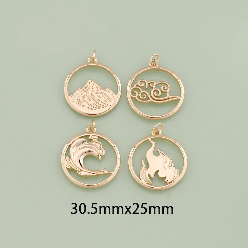 May include: Four gold-colored metal charms with different designs: a mountain, a cloud, a wave, and a flame. Each charm is circular and measures 30.5 mm by 25 mm.