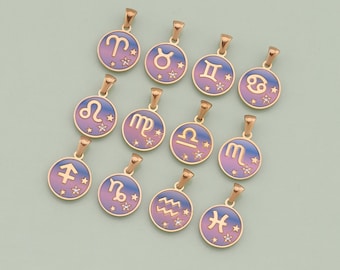 18K Gold Filled Pink Zodiac Pendant Zodiac Symbols Constellation Charm for DIY Jewelry Finding Necklace Bracelet LW5
