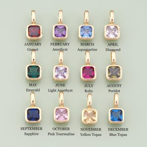 Puede incluir: Una colección de doce colgantes dorados, cada uno con una piedra preciosa cuadrada de diferente color. Las piedras preciosas representan las piedras de nacimiento de cada mes, con etiquetas de texto debajo. Las piedras preciosas incluyen granate, amatista, aguamarina, diamante, esmeralda, amatista clara, rubí, peridoto, zafiro, turmalina rosa, topacio amarillo y topacio azul.