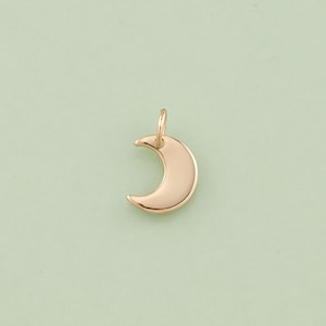 May include: A gold-colored crescent moon pendant with a small loop at the top for attaching to a chain. The pendant is smooth and shiny, with a curved shape. The background is a light green color.