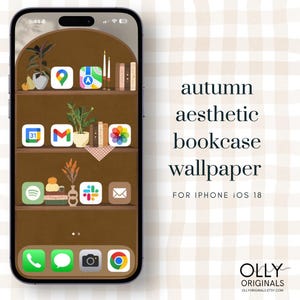 May include: A digital illustration of an iPhone screen with a brown bookcase wallpaper. The wallpaper features a bookshelf with various books, plants, and decorative items. The phone screen also displays several app icons, including Google Maps, Gmail, Spotify, and Slack.