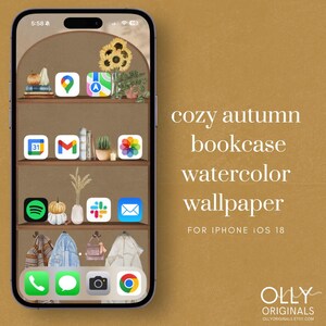 May include: A watercolor illustration of a bookshelf with fall-themed decorations. The bookshelf is filled with books, plants, and a pumpkin. The illustration is designed for use as a phone wallpaper for iPhones running iOS 18.