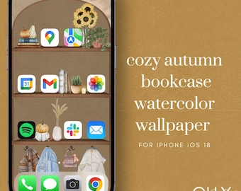 Cozy Watercolor Autumn Bookcase Aesthetic iPhone Wallpaper | Digital Background for iOS 26
