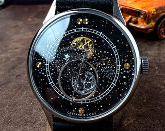 Vintage Raketa 2609 USSR Watch, Handmade Space Art Dial, Soviet Mechanical Watch, Moon Phase Style, Made in USSR