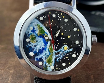 Vintage Vostok Soviet Watch – Hand Painted Astronaut Dial – USSR Mechanical Watch – Unique Russian Space Art Watch