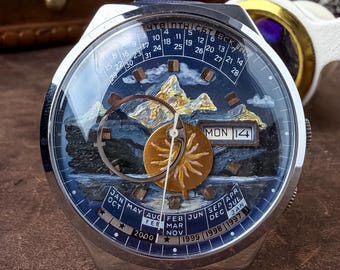 Vintage Raketa Perpetual Calendar Watch USSR, Soviet Mechanical Watch, Handmade Mountain Landscape Dial, Unique Art Watch