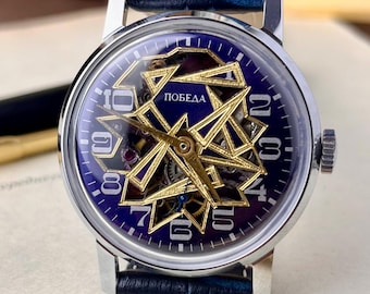 Vintage Soviet Pobeda Watch Skeleton – Hand Engraved Jewelry Art Watch – USSR Mechanical Watch – Collectible Men’s Watch with Box