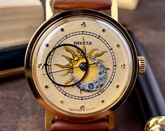 Vintage Raketa Copernicus 2609 Soviet Watch Hand Painted Sun and Moon Dial USSR Mechanical Watch Russian Vintage Timepiece Kopernik watch