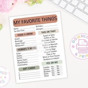 May include: A printable "My Favorite Things" list on a white background. The list includes sections for food, hobbies, and gift cards, with fill-in-the-blank prompts. The design features a pink and brown color scheme.