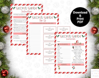 Secret Santa Printable, Secret Santa Questionnaire for Coworkers, Survey, Digital Download PDF, Gift Exchange, Christmas Wish List, Bundle