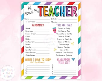 All About My Teacher Printable PDF, My Teacher Favorite Things, Teacher Survey Printable, Getting to Know My Teacher Questionnaire for Gifts