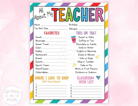 All About My Teacher Printable PDF, My Teacher Favorite Things, Teacher Survey Printable, Getting to Know My Teacher Questionnaire for Gifts