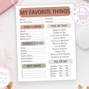 May include: A printable "My Favorite Things" questionnaire on white paper. The form includes sections for personal details, food preferences, hobbies, and a "Yes or No" section. The design features a pink and brown color scheme with decorative elements.