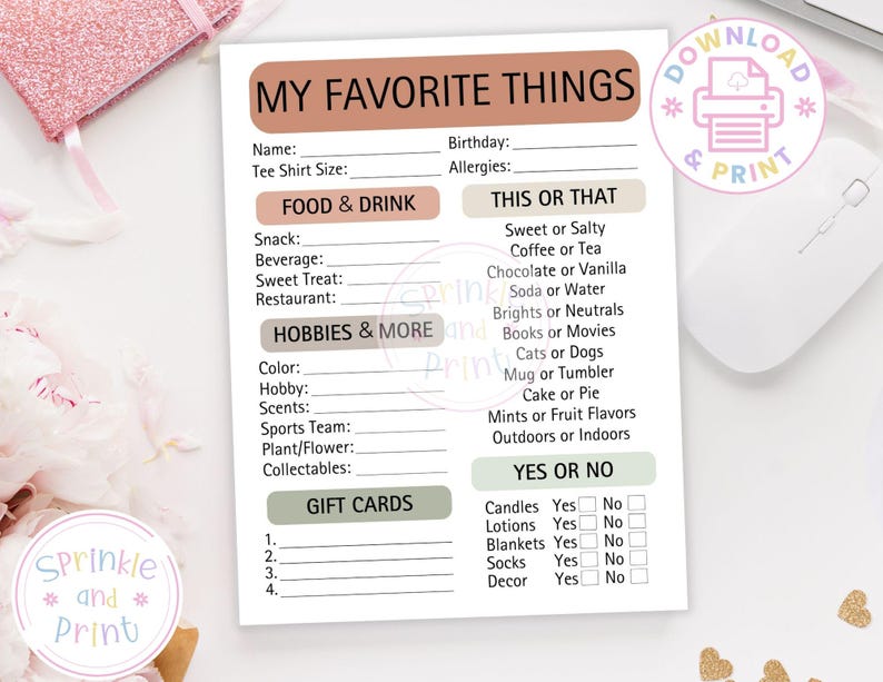 May include: A printable "My Favorite Things" questionnaire on white paper. The form includes sections for personal details, food preferences, hobbies, and a "Yes or No" section. The design features a pink and brown color scheme with decorative elements.