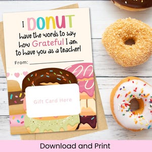 Teacher Thank You Gift Card Holder, Teacher Appreciation Week Donut Gift Card Printable PDF, Teacher Birthday Card, Digital Download