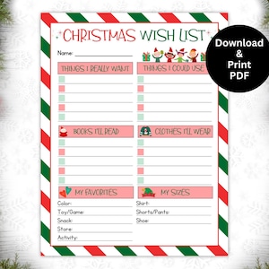 Lista de deseos navideños imprimible para niños, cuestionario, descarga digital en formato PDF, lista de deseos de Papá Noel, lista de deseos navideños, intercambio de regalos para niños