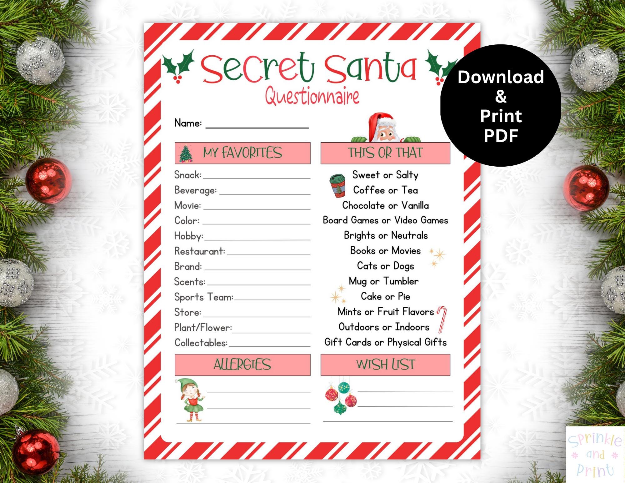 Secret Santa Printable, Secret Santa Questionnaire, Survey, Digital Download PDF, Gift Exchange, Work Secret Santa List, Christmas Wish List