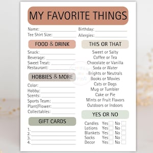 Employee Favorites List Getting to Know You Printable My Favorite Things List, Staff Survey, Getting to Know Me Questionnaire Gift Exchange