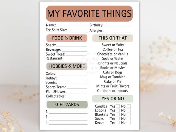 Employee Favorites List Getting to Know You Printable My Favorite Things List, Staff Survey, Getting to Know Me Questionnaire Gift Exchange