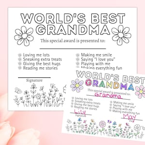 Manualidad para el Día de la Madre, regalo para la abuela de un nieto, certificado para la mejor abuela, página para colorear imprimible, manualidad para niños, recuerdo de la abuela para el Día de la Madre.